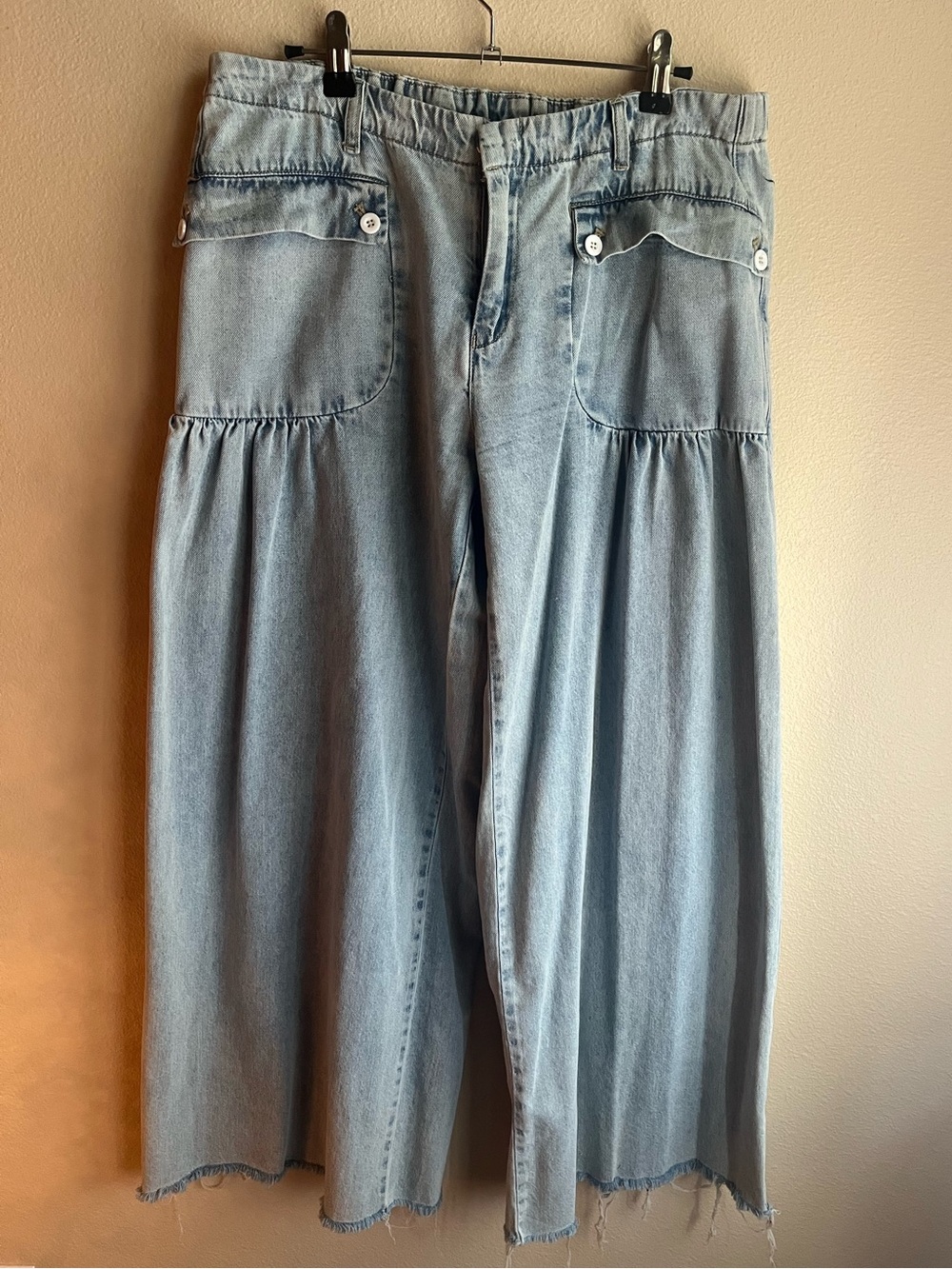 BiBi Light Blue Wide-Leg Flare Jeans with Front Flap Pockets